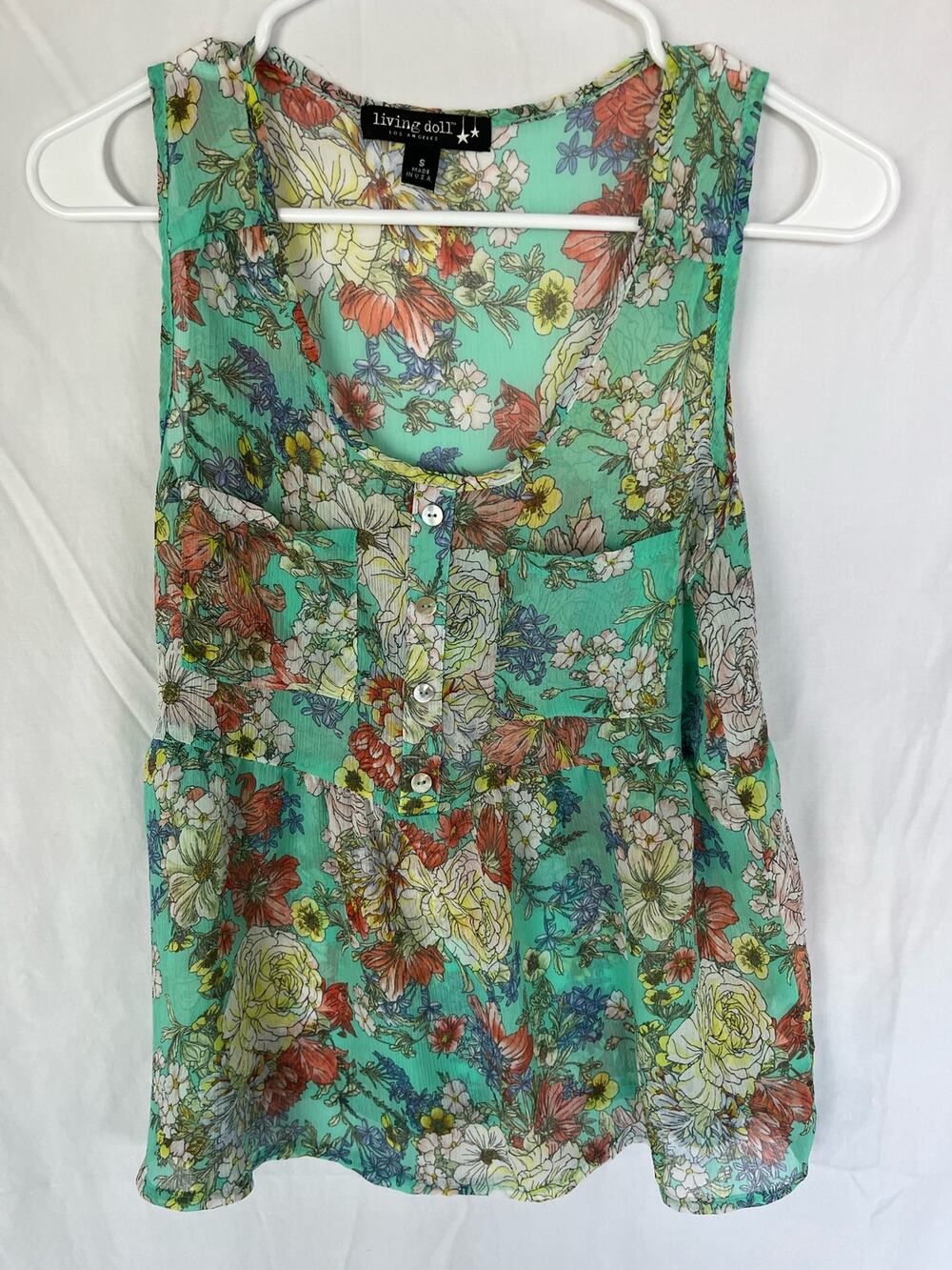 Women's vibrant floral sheer tank, pocket, empire waist, size small, Living Doll